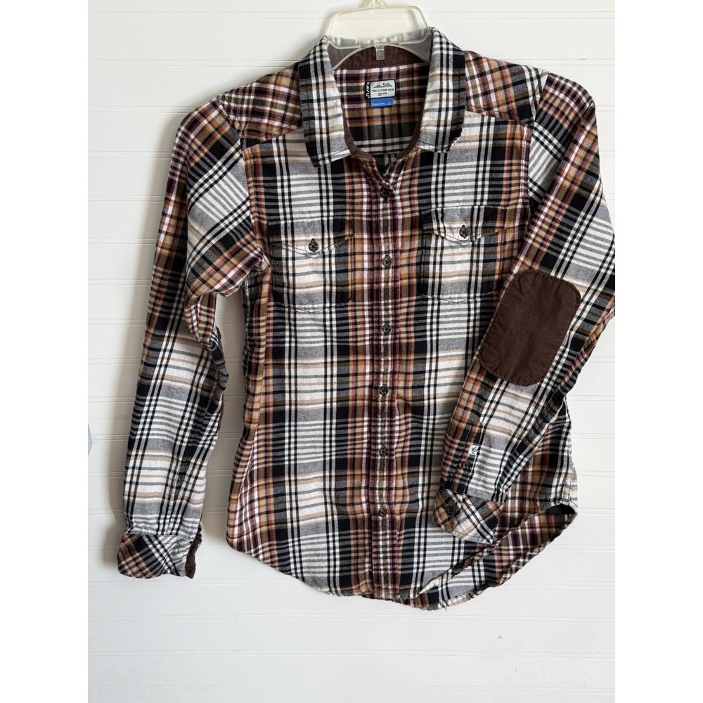 Kavu Billie Flannel Elbow Patches Brown Plaid Cotton Button Down Outdoor Sz S
